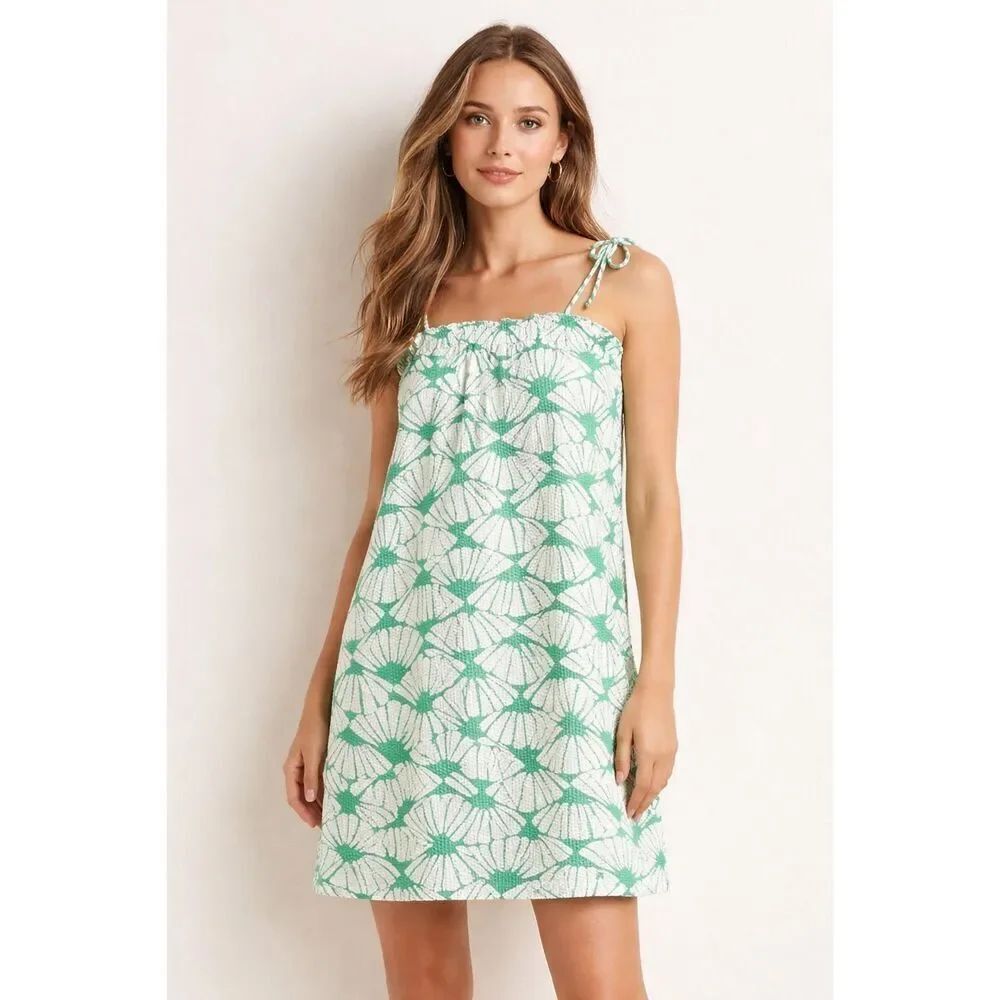 H&M Green White Smocked Sundress Tie Strap Textured Size M